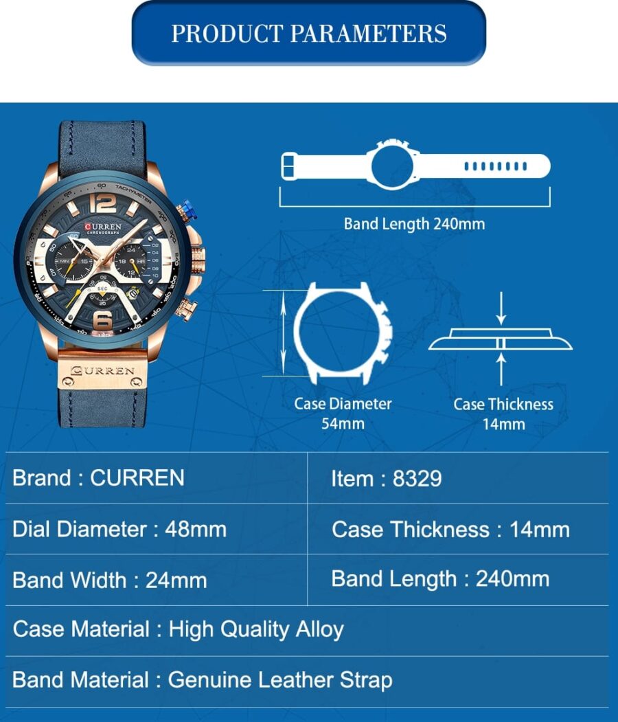 CURREN New Fashion Chronograph Water Resistant Men's Watch (Rose Gold Blue) - Image 2