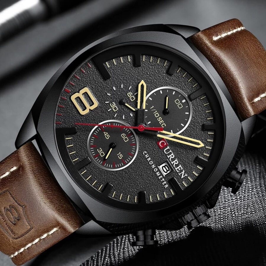 Mens Leather Strap  Classic Stainless Steel Waterproof Chronograph Date Analog Quartz CURREN Watch - Image 3