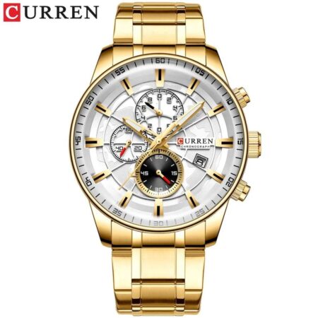 Mens Watches Chronograph Stainless Steel Waterproof -(Gold)