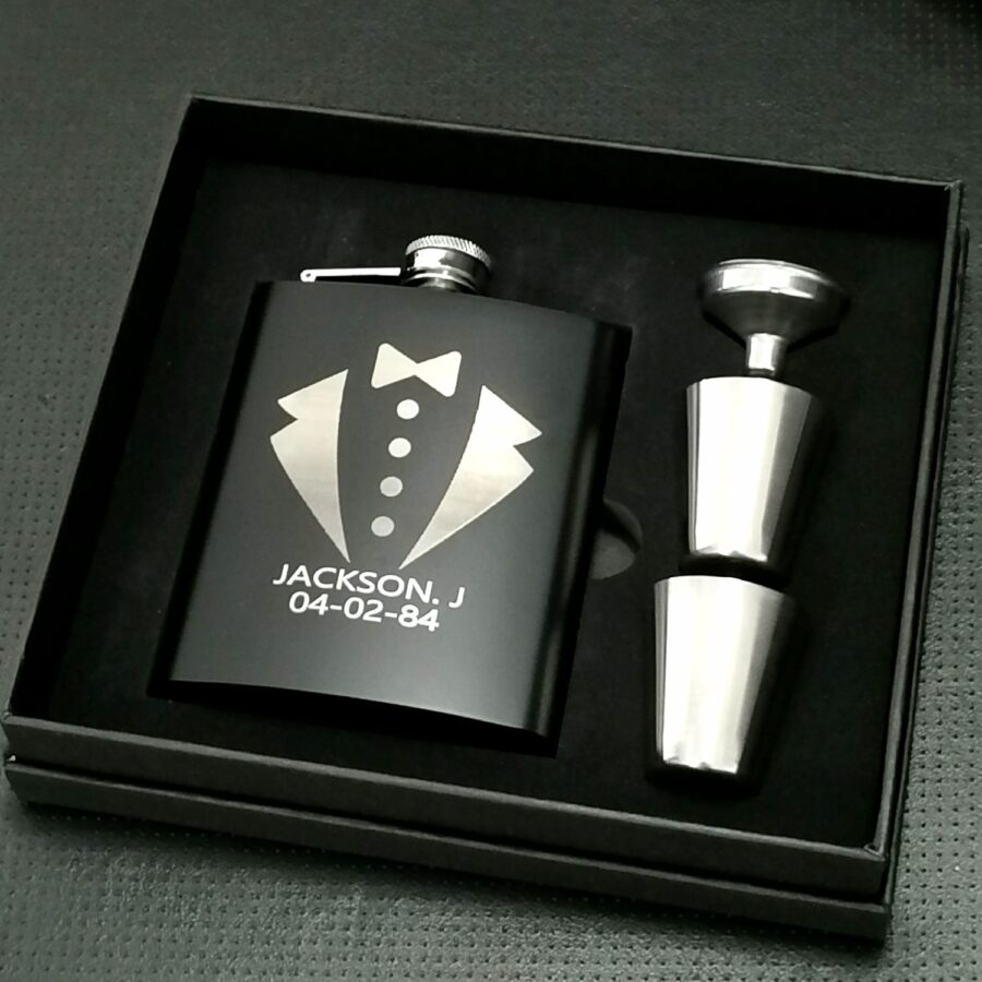 Engravable  Stainless Steel Hip Flask Gift Set -Black - Image 4