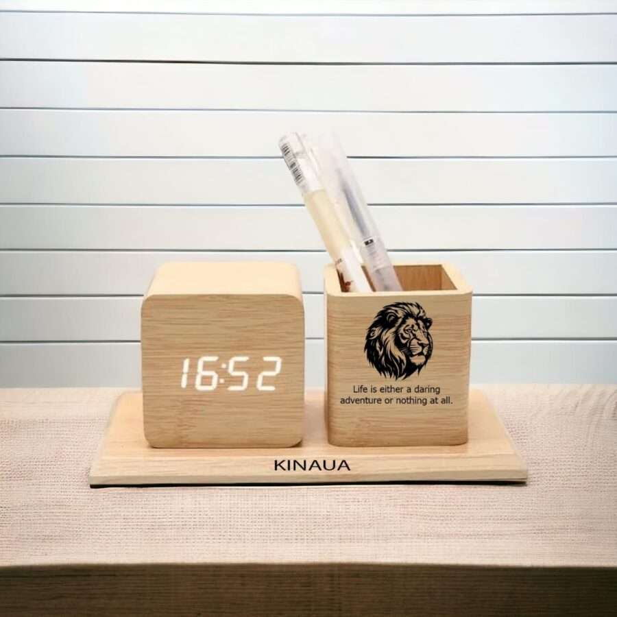 digital wooden alarm clock with pen holder