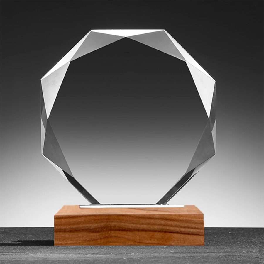 Octagon Clear Glass Award With Wooden Base 3