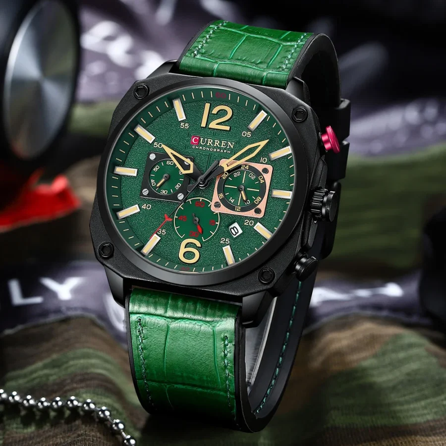 Curren 8398 Green Men's Waterproof Leather Strap Watch - Image 2