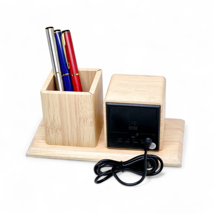 Wooden Pen Organizer With Digital Clock - Image 2