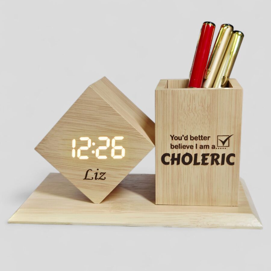 Personalized Wooden Digital Desk Organizer with Clock & Pen Holder - Image 2