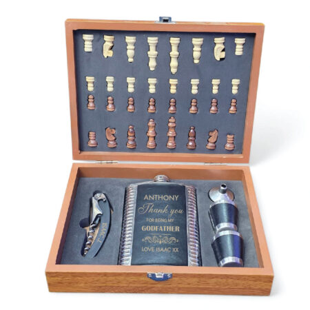 Engraved Hip Flask And Chess Board Set