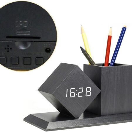 Wooden Desk Organizer With a Clock