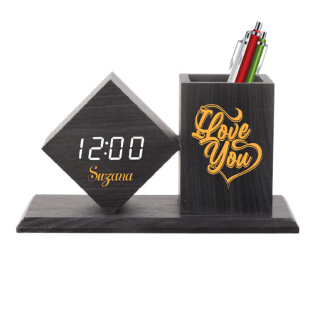 Wooden Desk Organizer With a Clock
