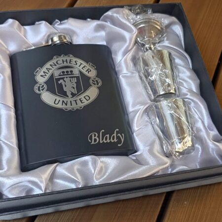 Custom Engraved Black Hip Flask Gift Set