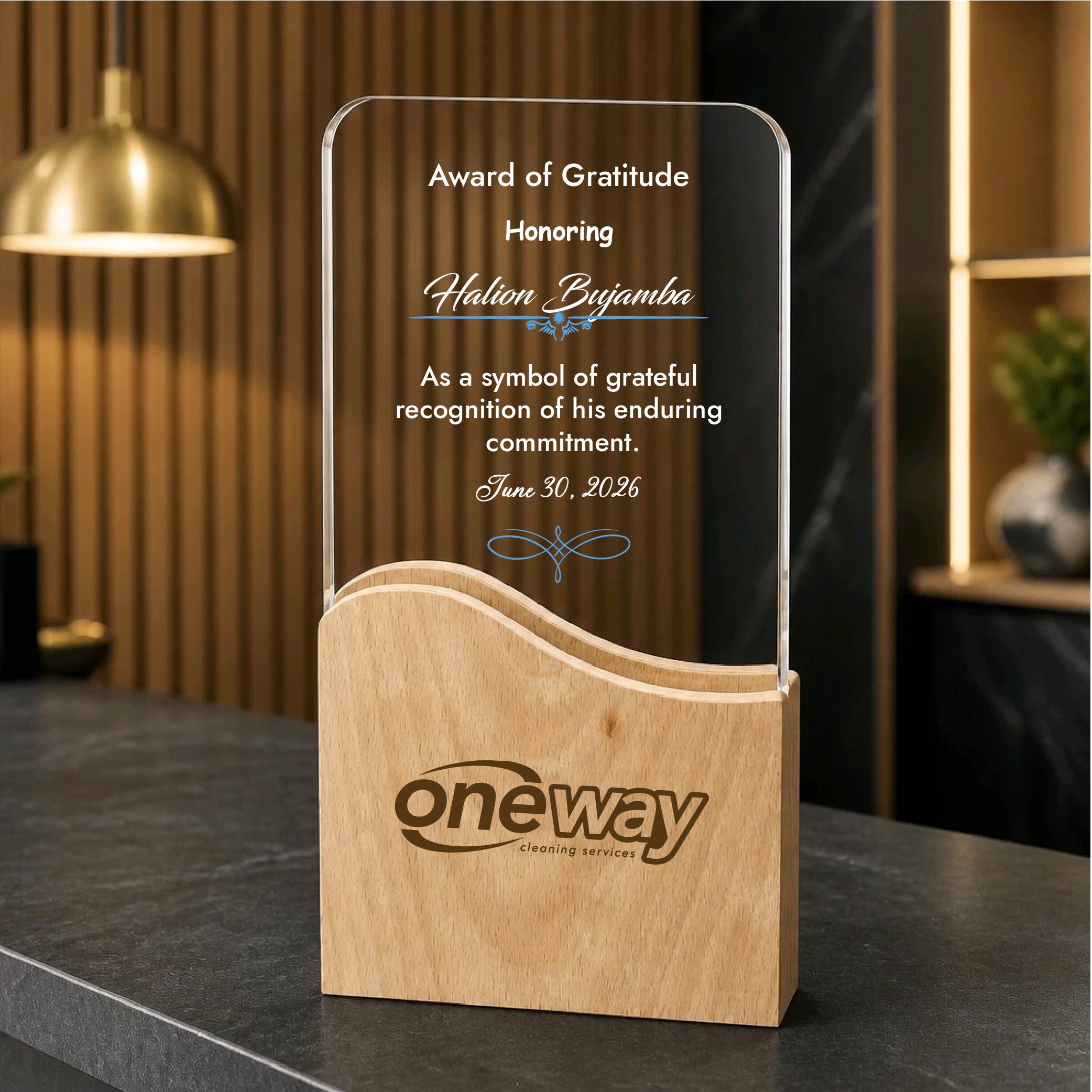 Crystal Award Trophy with a Wooden Base